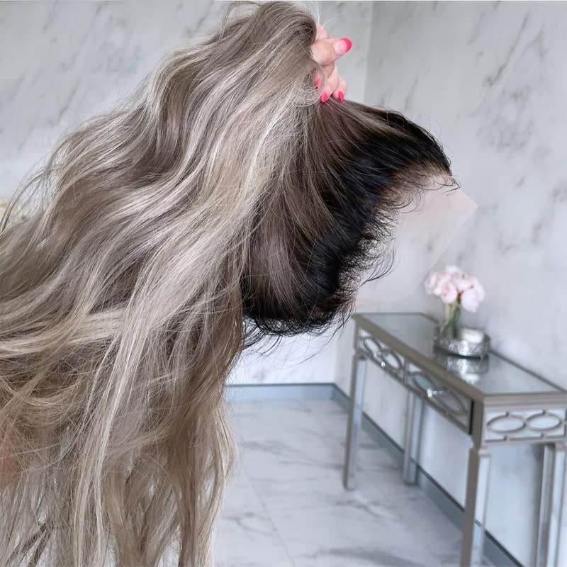 ANDRIA Grey Wig Lace Front Wigs Glueless Synthetic Lace Front Heat Resistant Fiber Long Wigs Loose Wave With Baby Hair Natural Wavy Body Wave Colorful Gray Colored Hairs for Women